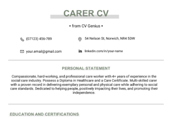 A carer CV example on a template with green bolded font and a faint gray bar behind them to accentuate the CV headings