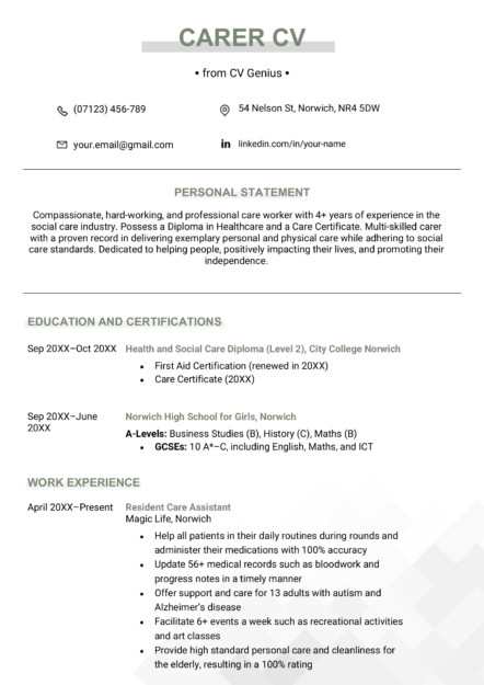 A carer CV example on a template with green bolded font and a faint gray bar behind them to accentuate the CV headings