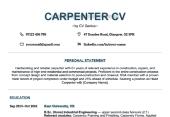 The first page of a carpenter CV example with a blue header showcasing the applicant's name with a gray header behind it, followed by blue headers introducing the personal statement, education, work experience, skills, and hobbies and interest sections