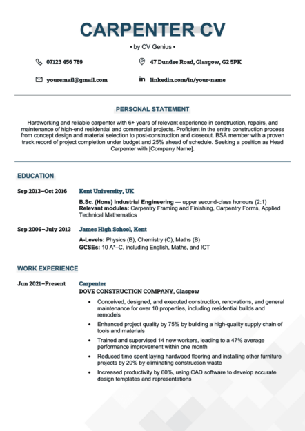The first page of a carpenter CV example with a blue header showcasing the applicant's name with a gray header behind it, followed by blue headers introducing the personal statement, education, work experience, skills, and hobbies and interest sections.