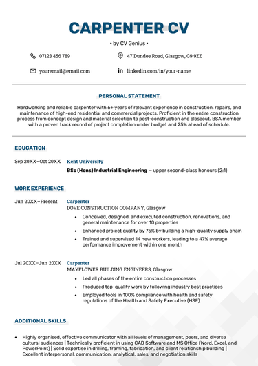 The first page of a carpenter CV example with a blue header showcasing the applicant's name with a gray header behind it, followed by blue headers introducing the personal statement, education, work experience, skills, and hobbies and interest sections.