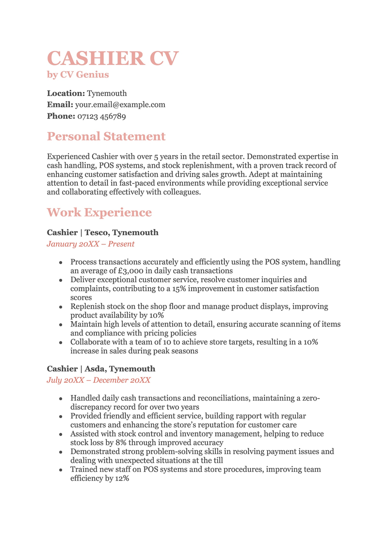 Cashier CV template page one