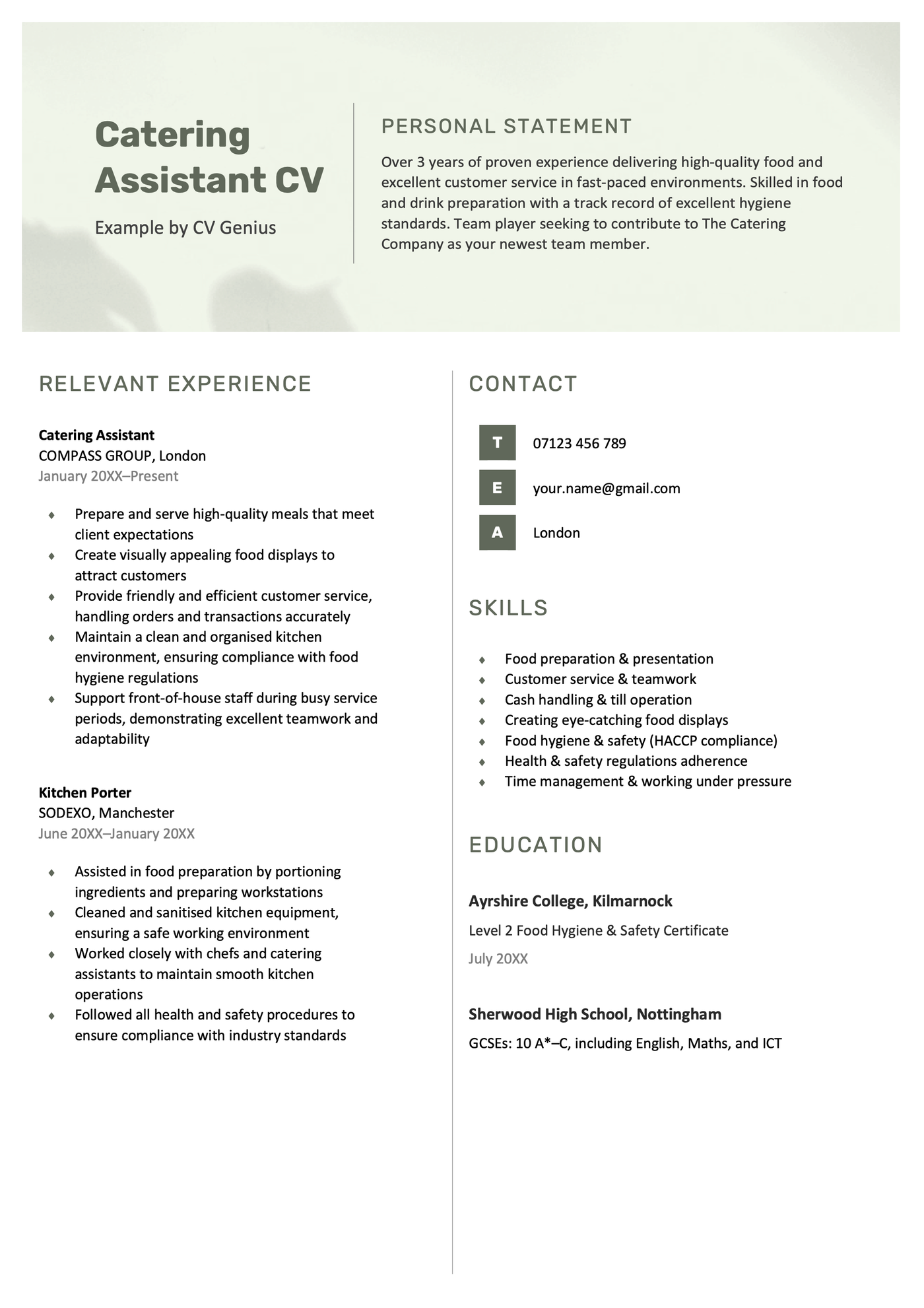 A catering assistant CV example.