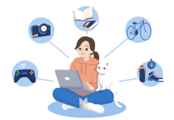 une jeune femme assise par terre avec son chat blanc et son ordinateur portable avec des bulles représentant des centres d'intérêt flottant autour d'elle