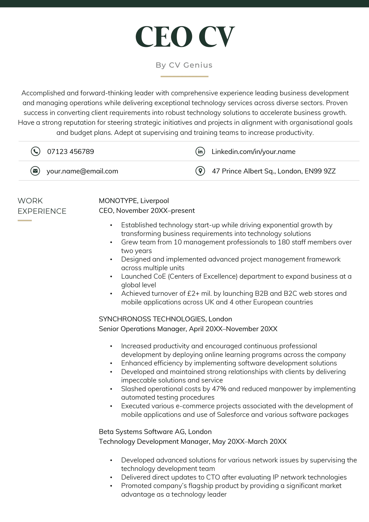 A CEO CV example with dark green header font and sections for the applicants personal statement, contact information, and work experience.