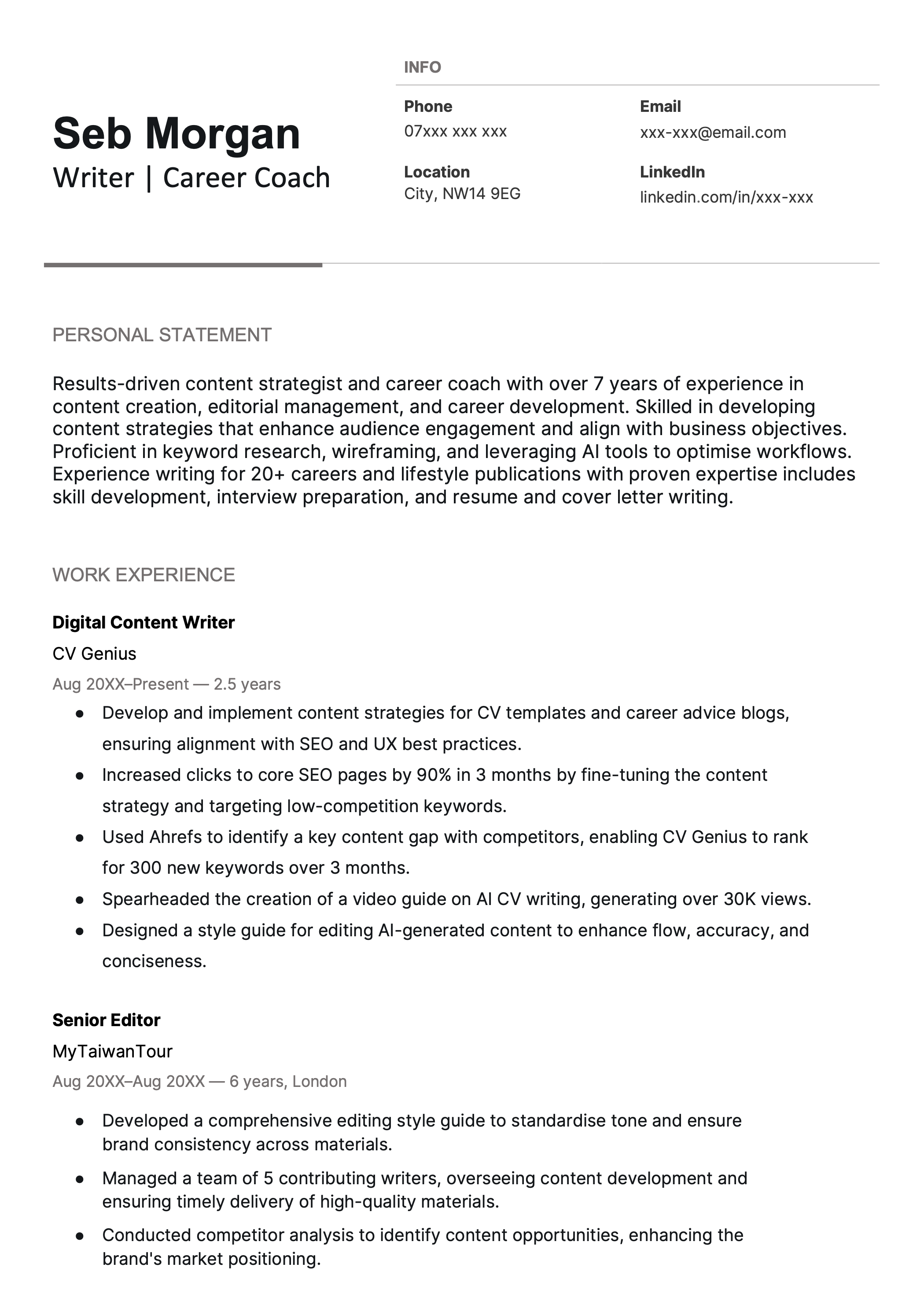 The first page of a ChatGPT CV that has been pasted into a free CV template.