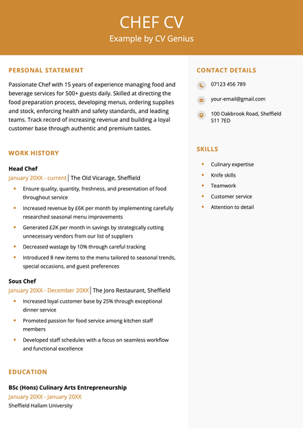A chef CV example using the Exeter CV template