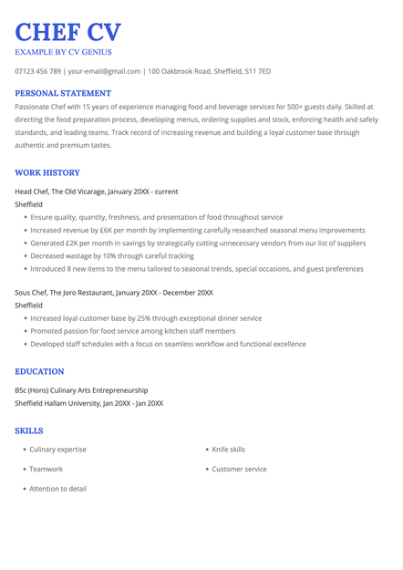 A chef CV example using the Norwich CV template