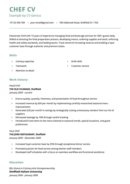 A chef CV example using the St Albans CV template