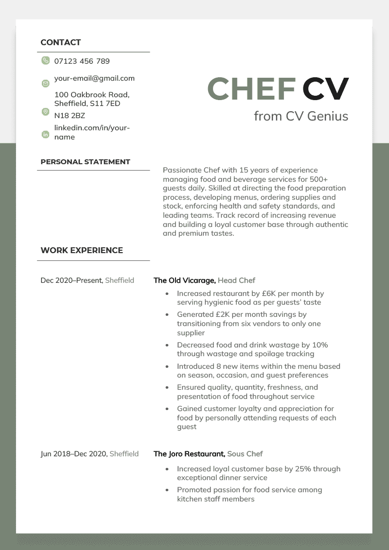 personal statement for chef cv