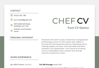 A green chef CV sample that highlights the candidates skills, experience, and education.