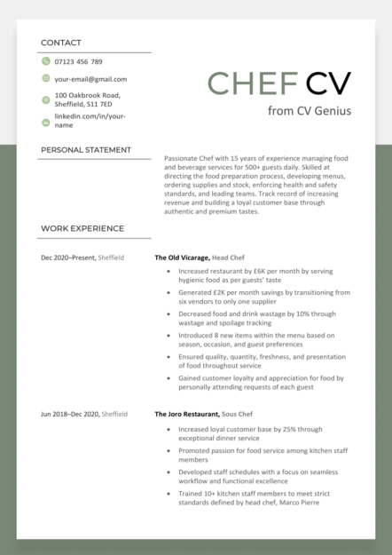 A green chef CV sample that highlights the candidates skills, experience, and education.