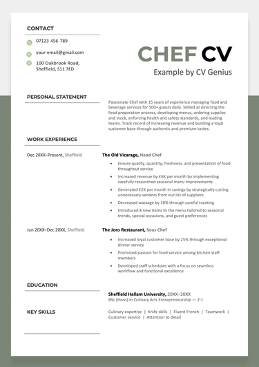 First page of a green chef CV sample that highlights the candidates skills, experience, and education.