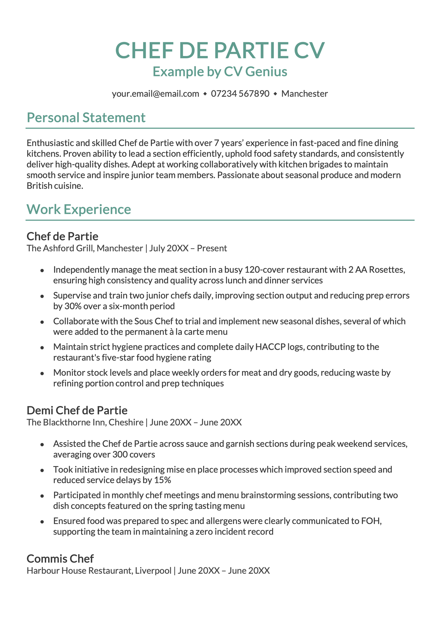 A chef de partie CV example.