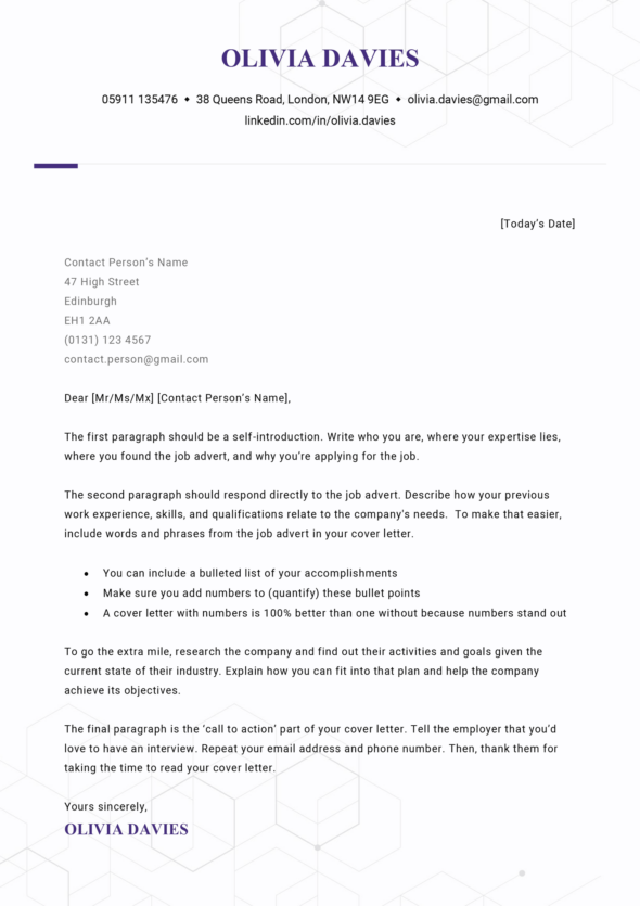 The Chelsea cover letter template in purple.