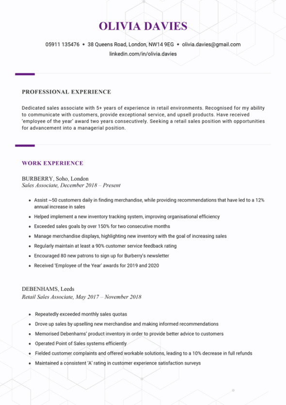 The first page of the Chelsea CV template in purple.