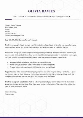 The Chelsea professional cover letter template with a purple header and basic letter format.