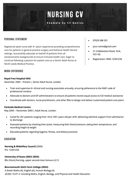 A nursing CV using the Chester CV template skin