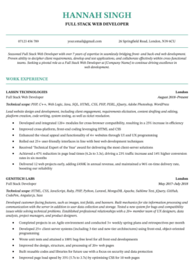 The green version of the Birmingham CV Template, with the applicant's name centrally aligned in a green serif font above their personal statement and work experience section.