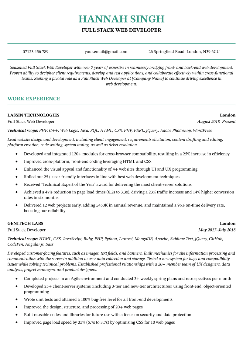 The green version of the Chicago CV Template, with the applicant's name centrally aligned in a green serif font above their personal statement and work experience section.