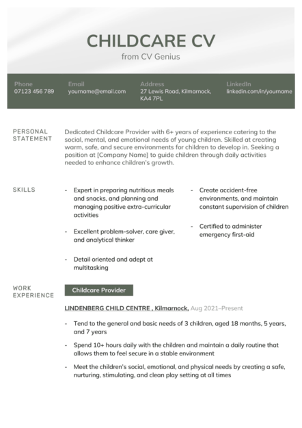 The first page of a childcare CV example with muted green headers to accentuate the applicant's name and each of their CV's sections.