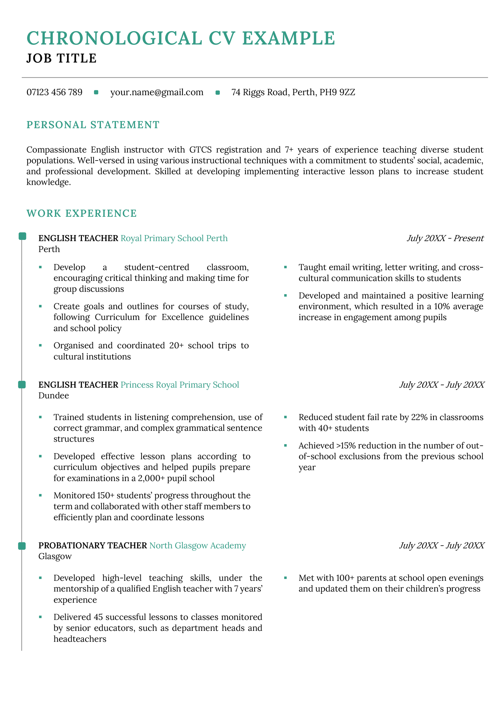 The first page of a UK chronological CV that uses a green colour scheme and two columns to make reading this CV design easier.