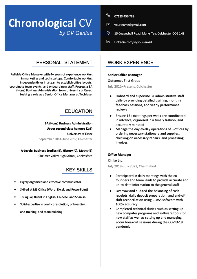 An example of a formatted chronological CV with a header that's half blue, half black. The CV sections below are split into two columns, with the column on the left right-aligned, and the column on the right left-aligned.