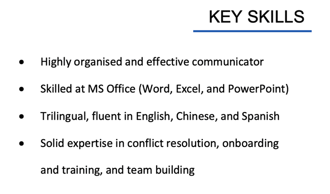 An example of the skill section using the chronological cv format