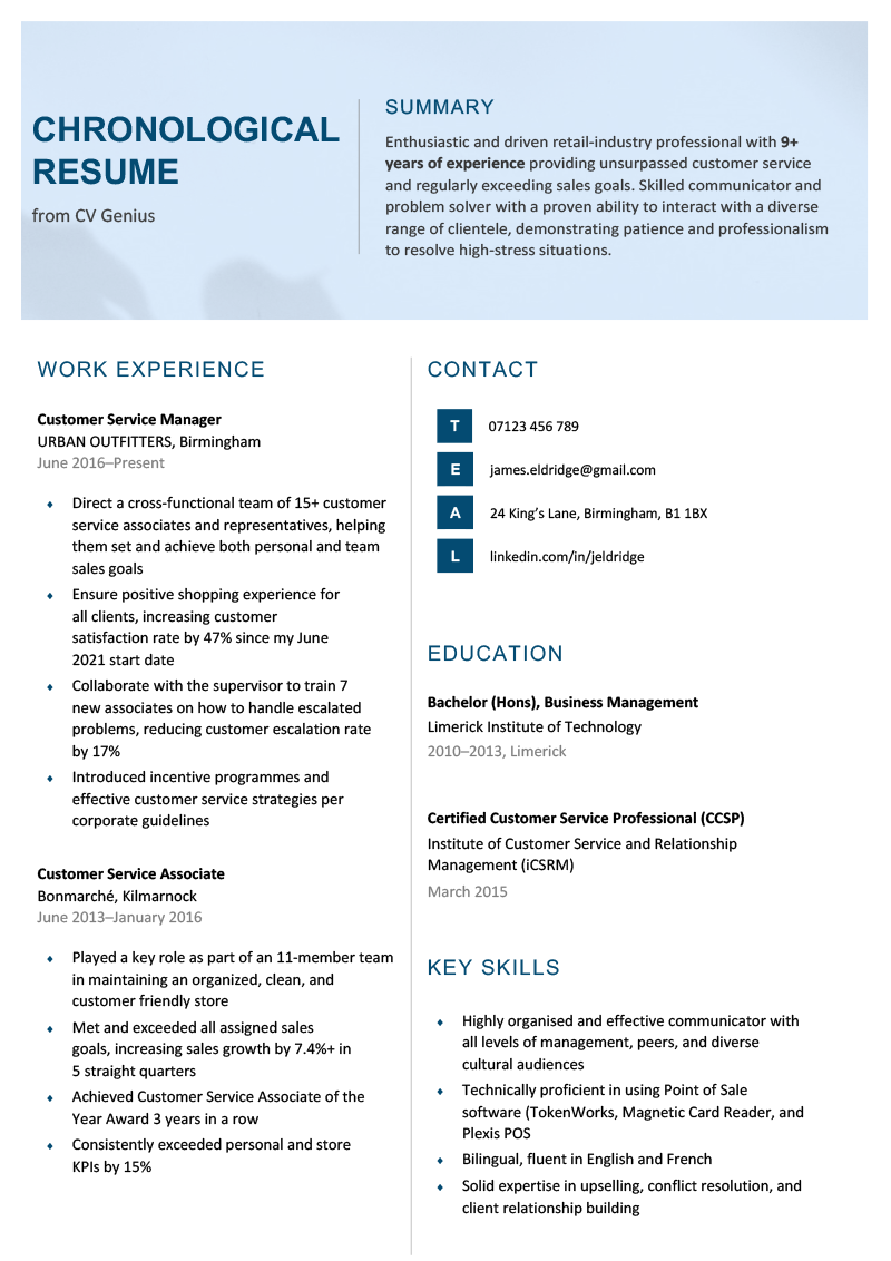 A chronological resume example with a blue header and work history in a column on the left and contact details, education, and key skills in a column on the right