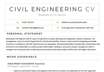 The first page of a civil engineering CV example with blue text and a table in the header for contact information, followed by the applicant's personal statement and work experience