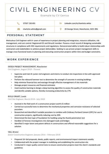 The first page of a civil engineering CV example with blue text and a table in the header for contact information, followed by the applicant's personal statement and work experience