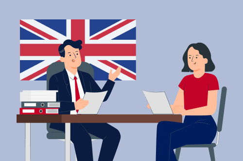 An interviewer and interviewee discuss a UK civil service role.