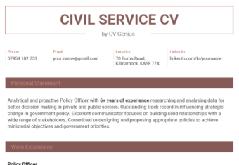 The first page of a civil service CV example with maroon headers and sections for the applicant's contact information, personal statement, and work experience
