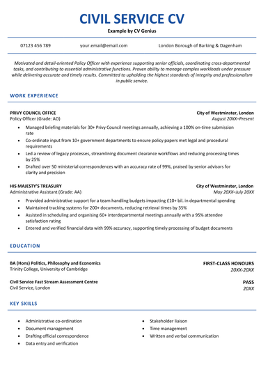 The first page of a maroon-themed civil service CV example with maroon headers and sections for the applicant's contact information, personal statement, and work experience.