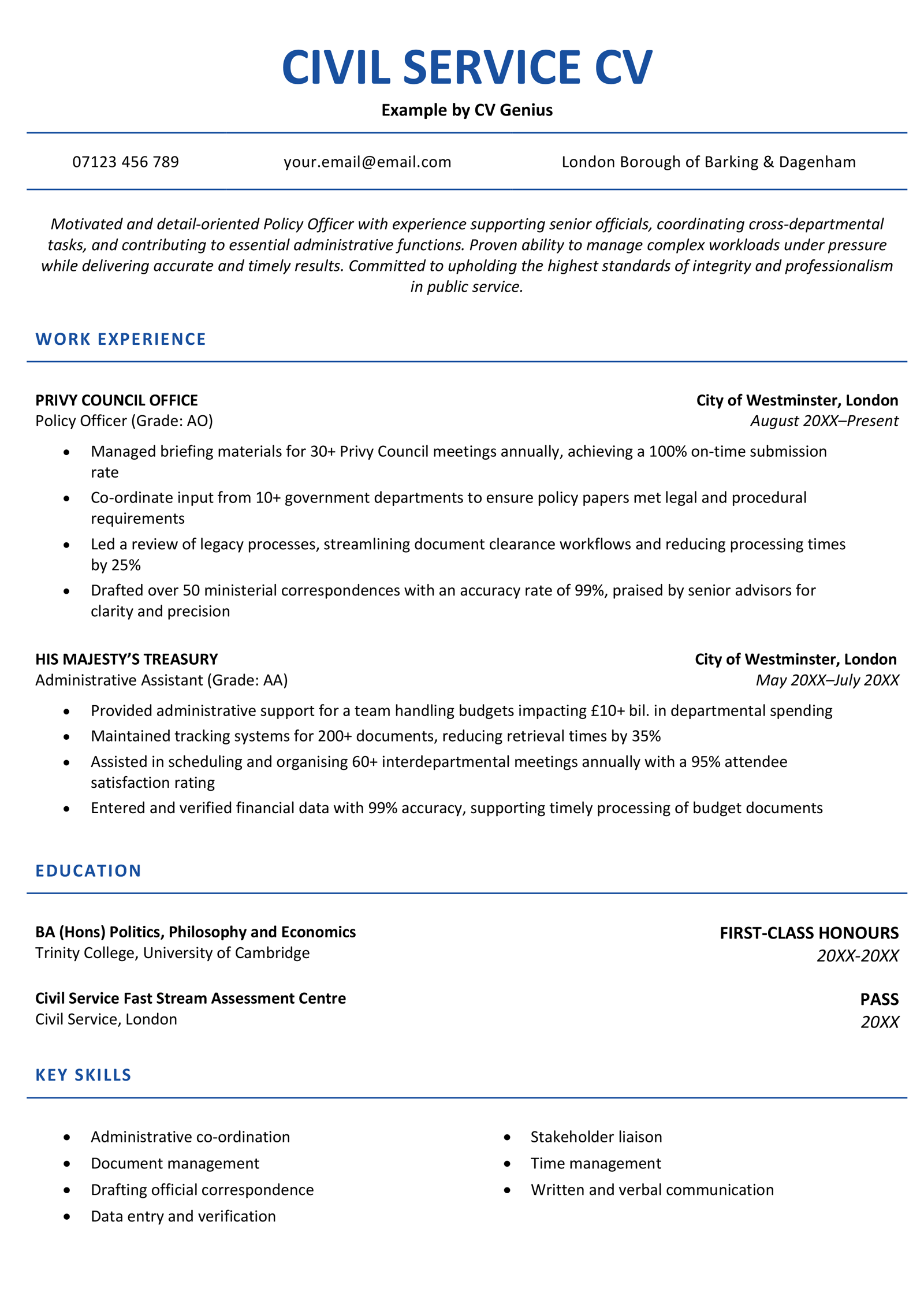 The first page of a maroon-themed civil service CV example with maroon headers and sections for the applicant's contact information, personal statement, and work experience.