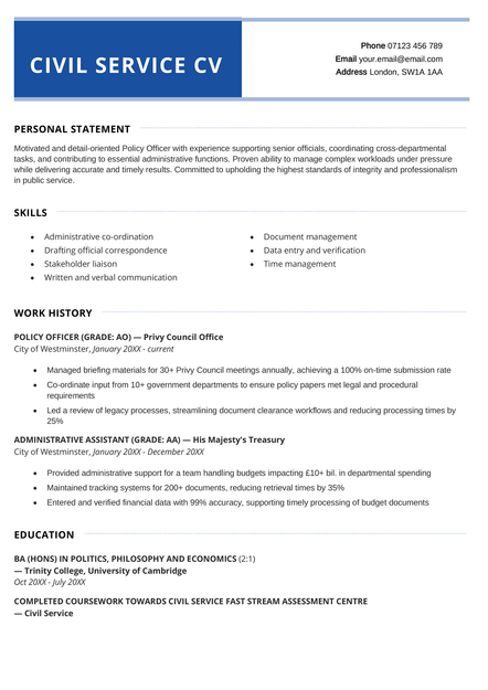 A Civil Service CV example in the Westminster CV template.