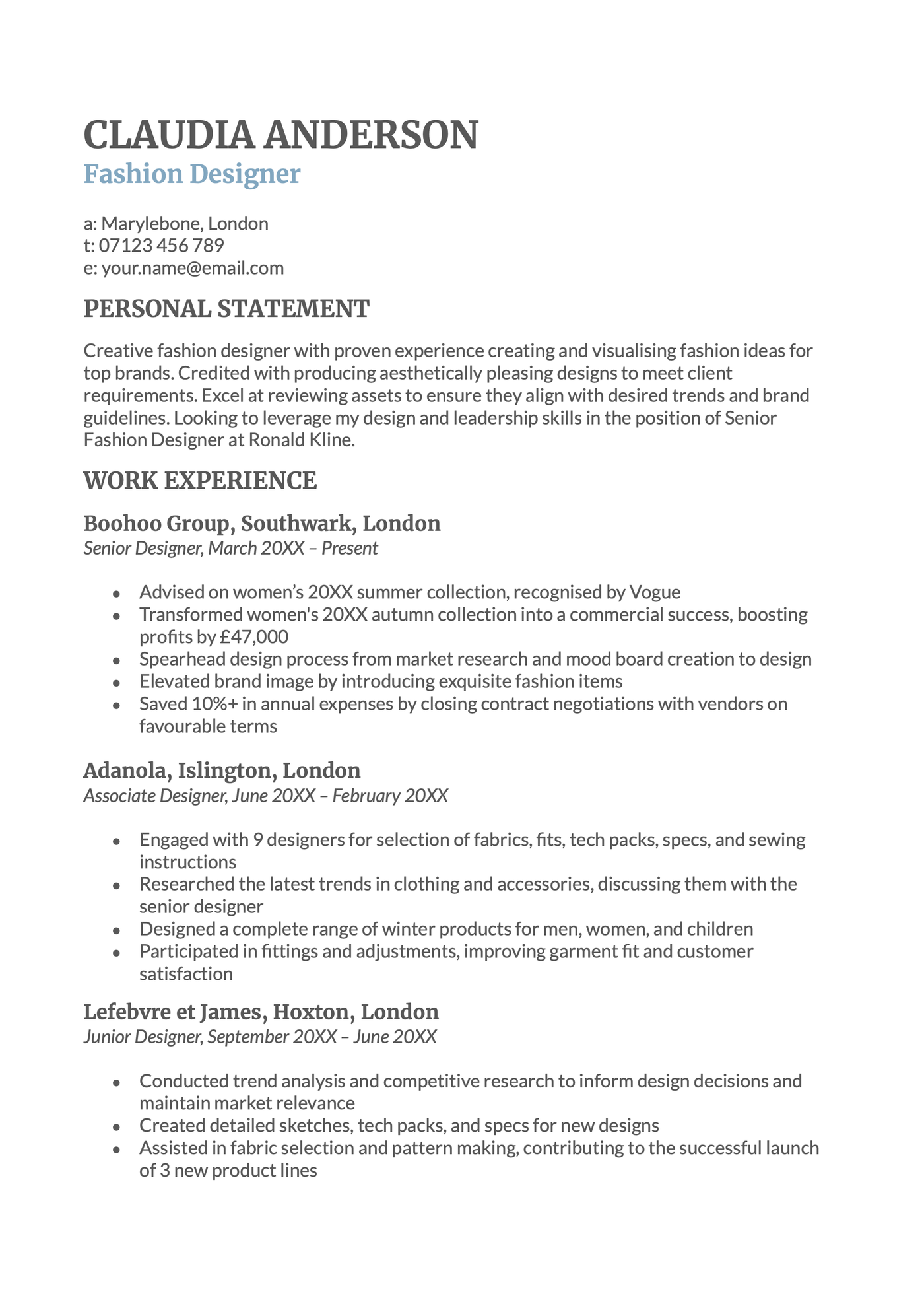 The Classic Google Docs CV template in blue.
