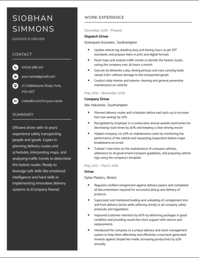 The black version of the Inverness CV Template, featuring a job applicant's contact information, personal statement, and work experience arranged across two columns.