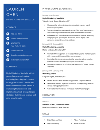 A Clean CV template with the applicant's name, contact details, skills, education, and licenses and certifications in a gray bar on the left side, and the resume objective and work experience section in a left-aligned column on the right side of the page.