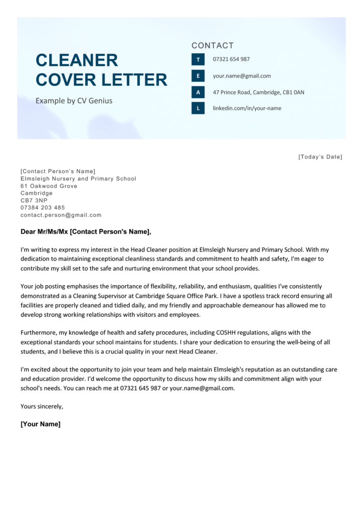 Cleaner Cover Letter Free Example Tips 