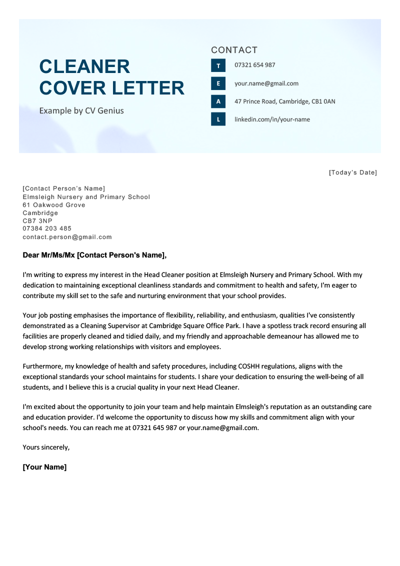 A cleaner cover letter example with a big blue header and the applicant's personal information emphasised with dark blue bullet points. The cover letter example also contains several paragraphs outlining the applicants top skills and achievements.
