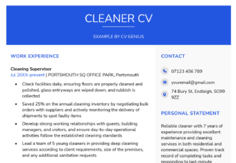A two-page CV sample for a cleaner candidate. This cleaner CV example features three work experience entries, a comprehensive CV personal statement, and lists of skill and hobbies and interests.