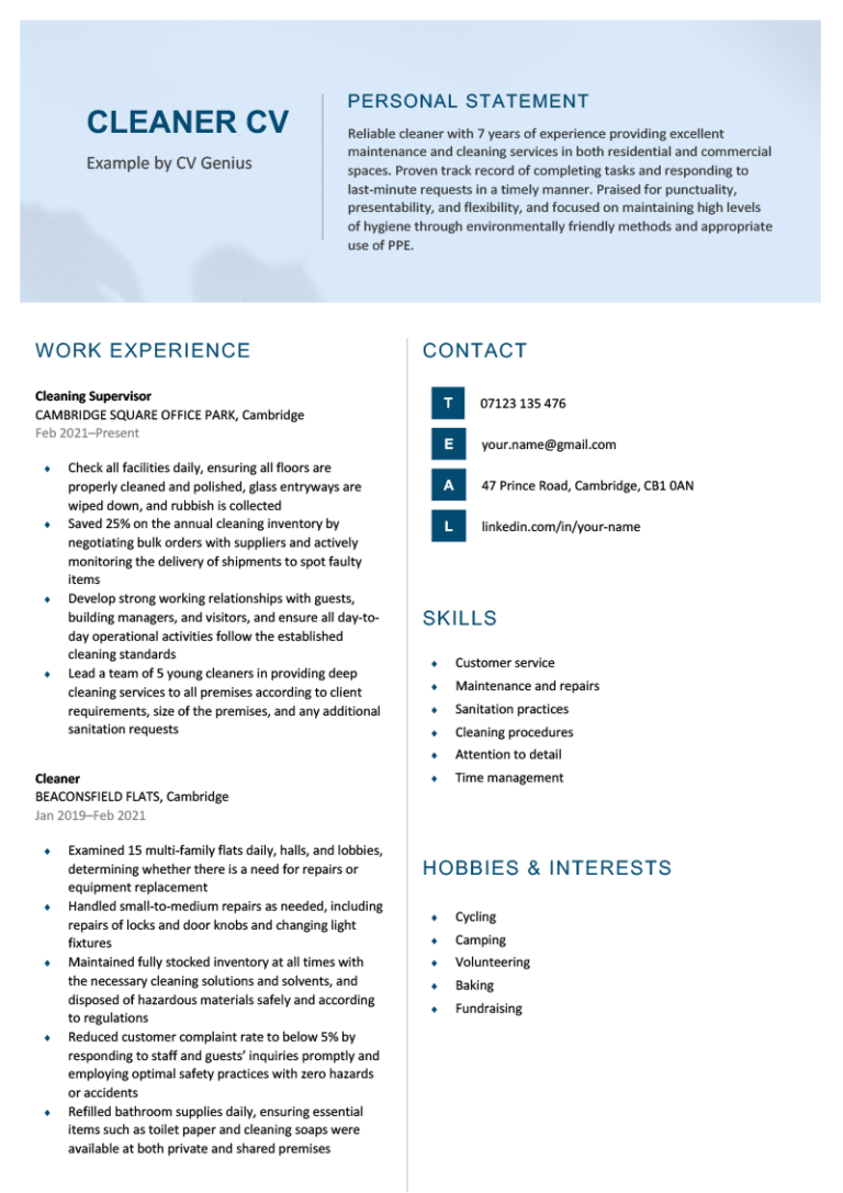 sample resume cleaner position