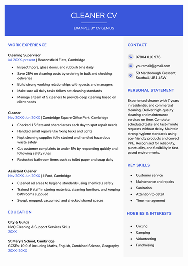 First page of a CV sample for a cleaner candidate. This cleaner CV example features a blue header and two work experience entries on the first page. In addition, the sample also has comprehensive CV personal statement, and lists of skill and hobbies and interests.