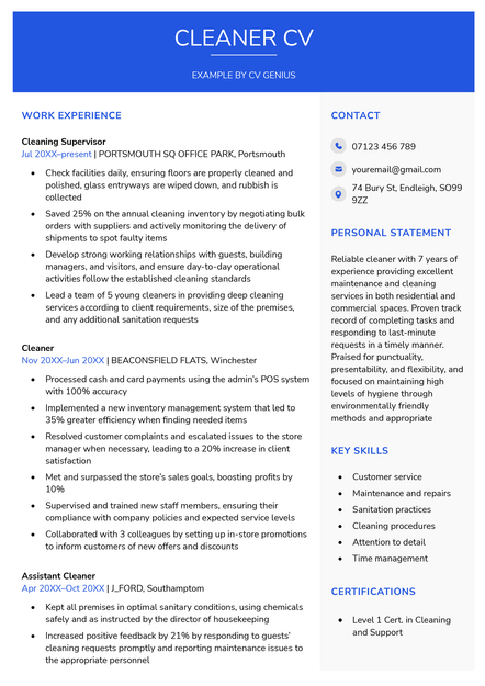 A two-page CV sample for a cleaner candidate. This cleaner CV example features a blue header and two work experience entries on the first page. In addition, the sample also has comprehensive CV personal statement, and lists of skill and hobbies and interests.
