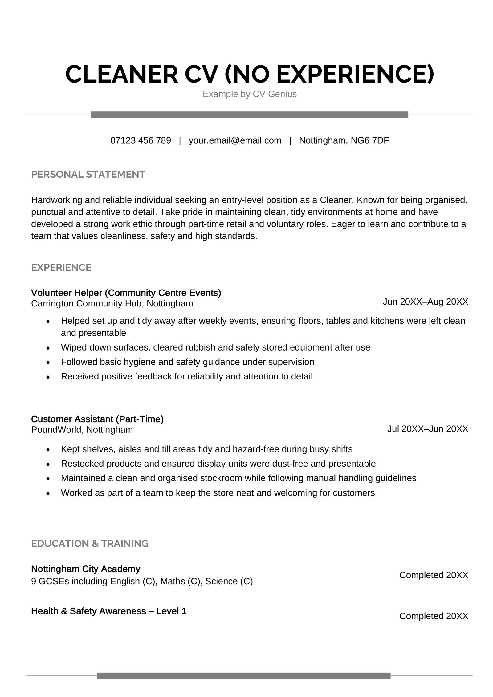 A cleaner (no experience) CV sample.