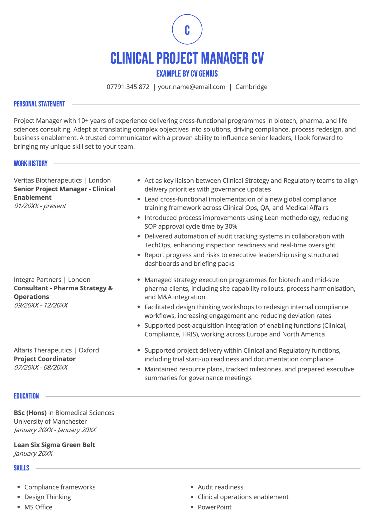 A clinical project manager CV example