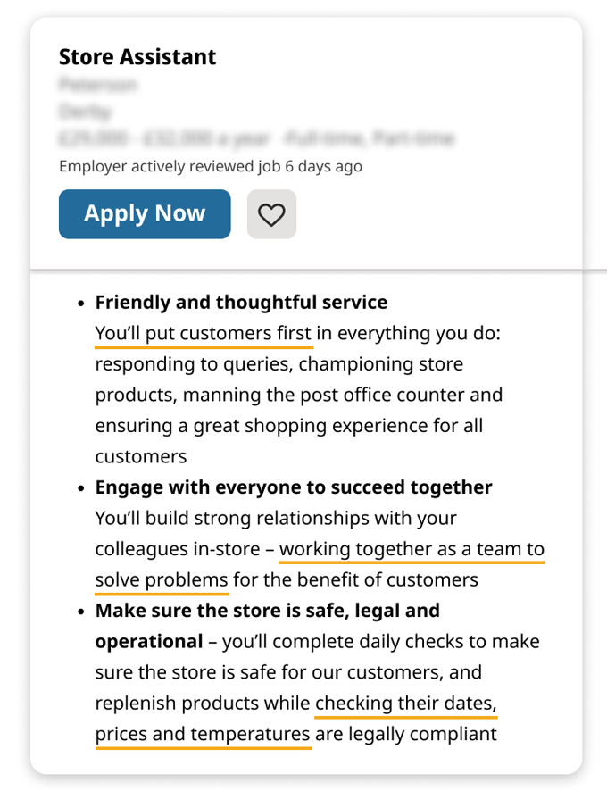 Key skills for a CV displayed on a job advert and underlined in yellow.
