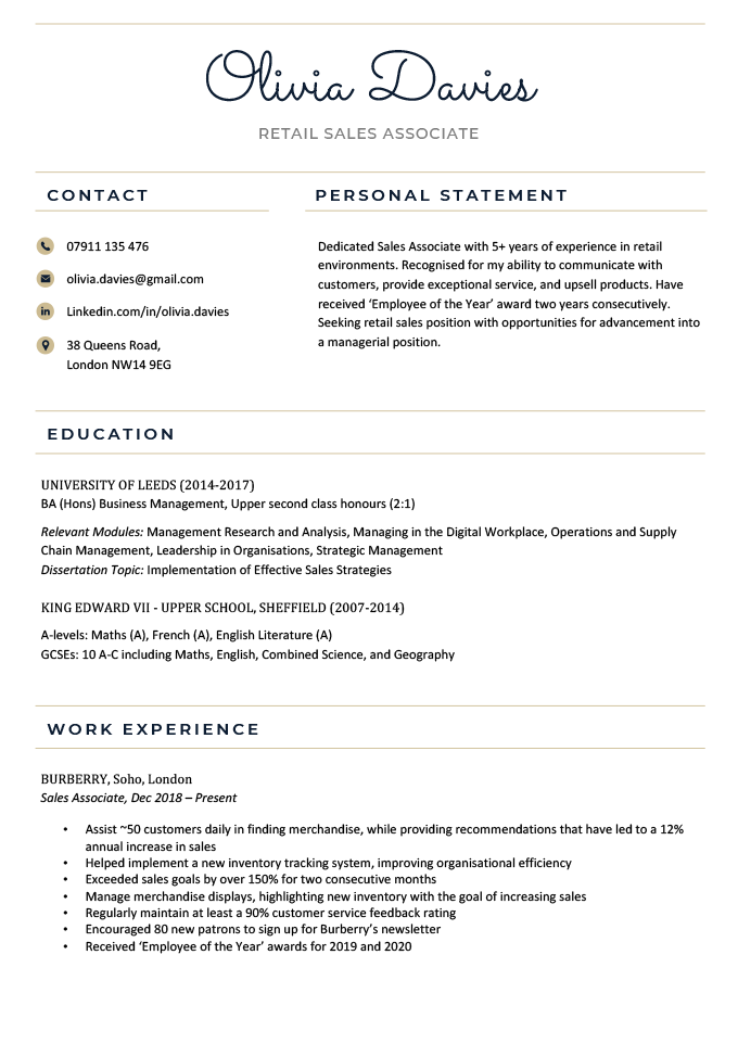 A CV template with coloured CV icons in the contact information section