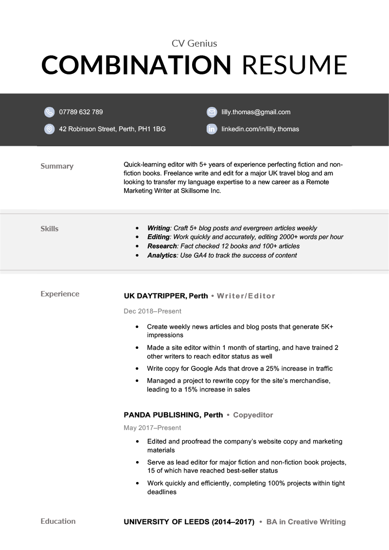 An image of a combination resume that lists skills above work experience and education